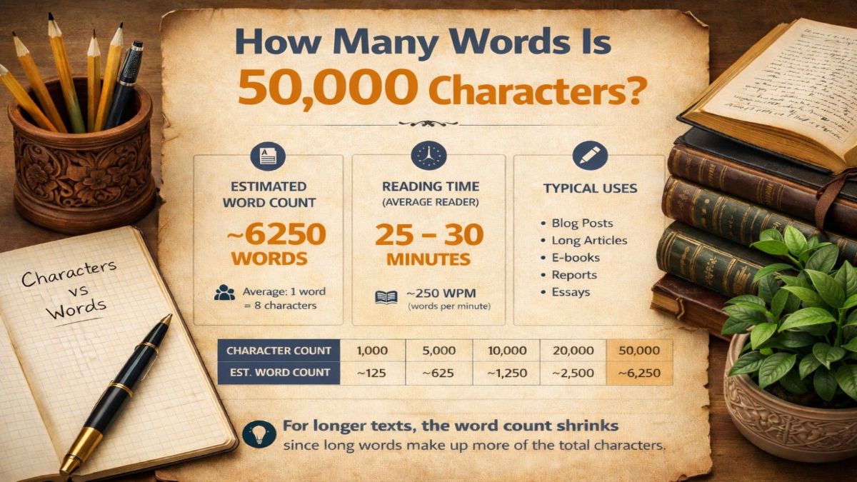 How many words is 50000 characters infographic