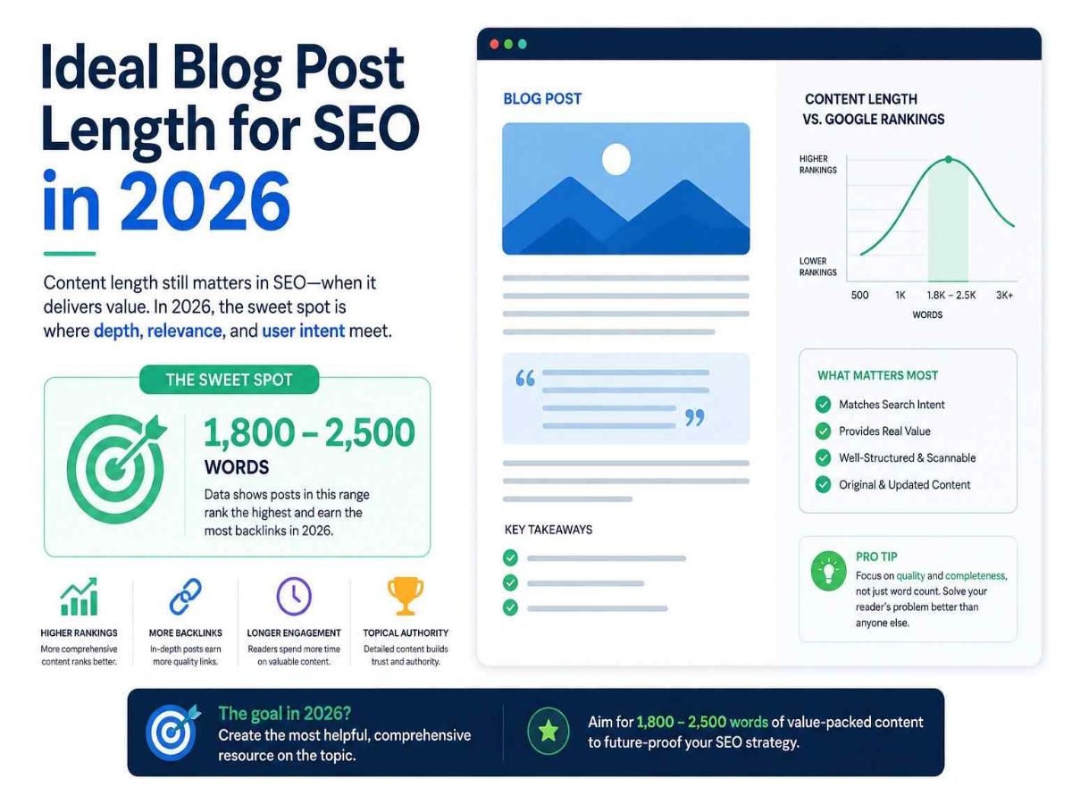 Ideal blog post length for SEO in 2026 infographic